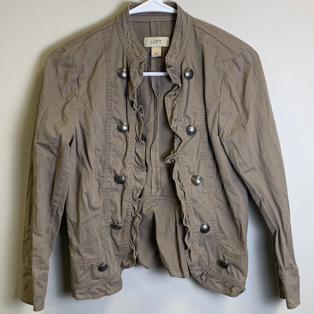 LOFT Khaki Ruffle Button-Up Jacket - Picture 1 of 4
